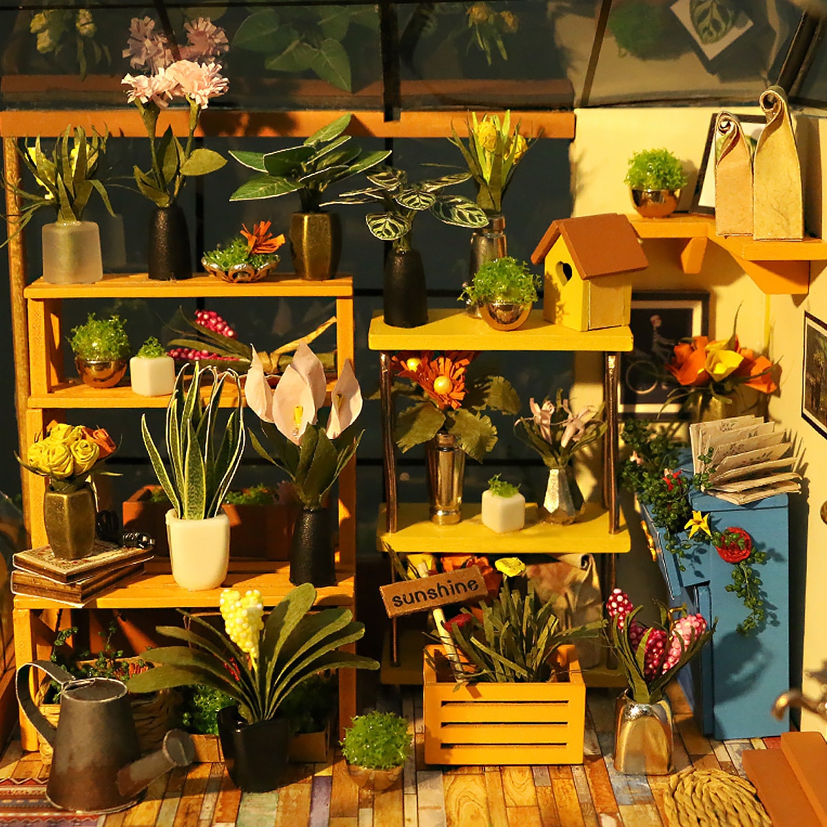 Build Your Own Greenhouse, Doll House DIY Kit, Model Set, Miniature Greenhouse Craft Kit for Adults, Mini Diorama Room with Furniture