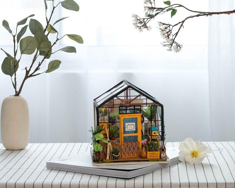 Build Your Own Greenhouse, Doll House DIY Kit, Model Set, Miniature Greenhouse Craft Kit for Adults, Mini Diorama Room with Furniture