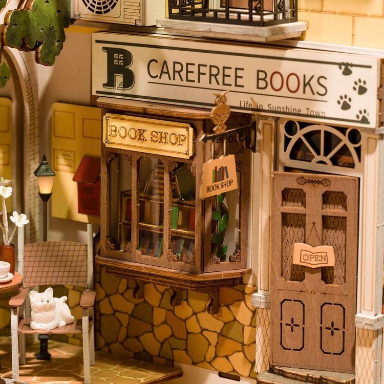 Build Your Own Book Nook, Doll House DIY Kit, Model Set, Miniature Book Nook Craft Kit for Adults, Mini Diorama Room, Sunshine Town