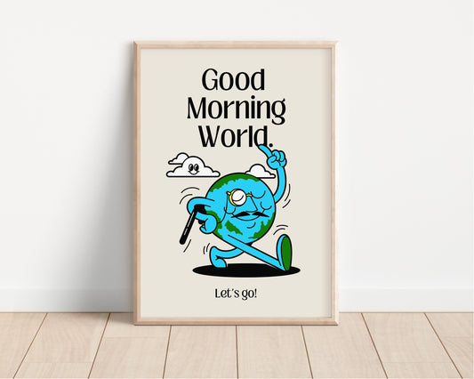 Retro Character Print, World Retro Cartoon, Happy Vibes, Vintage Earth Wall Art, Retro Character Poster, Good Morning World, Quote