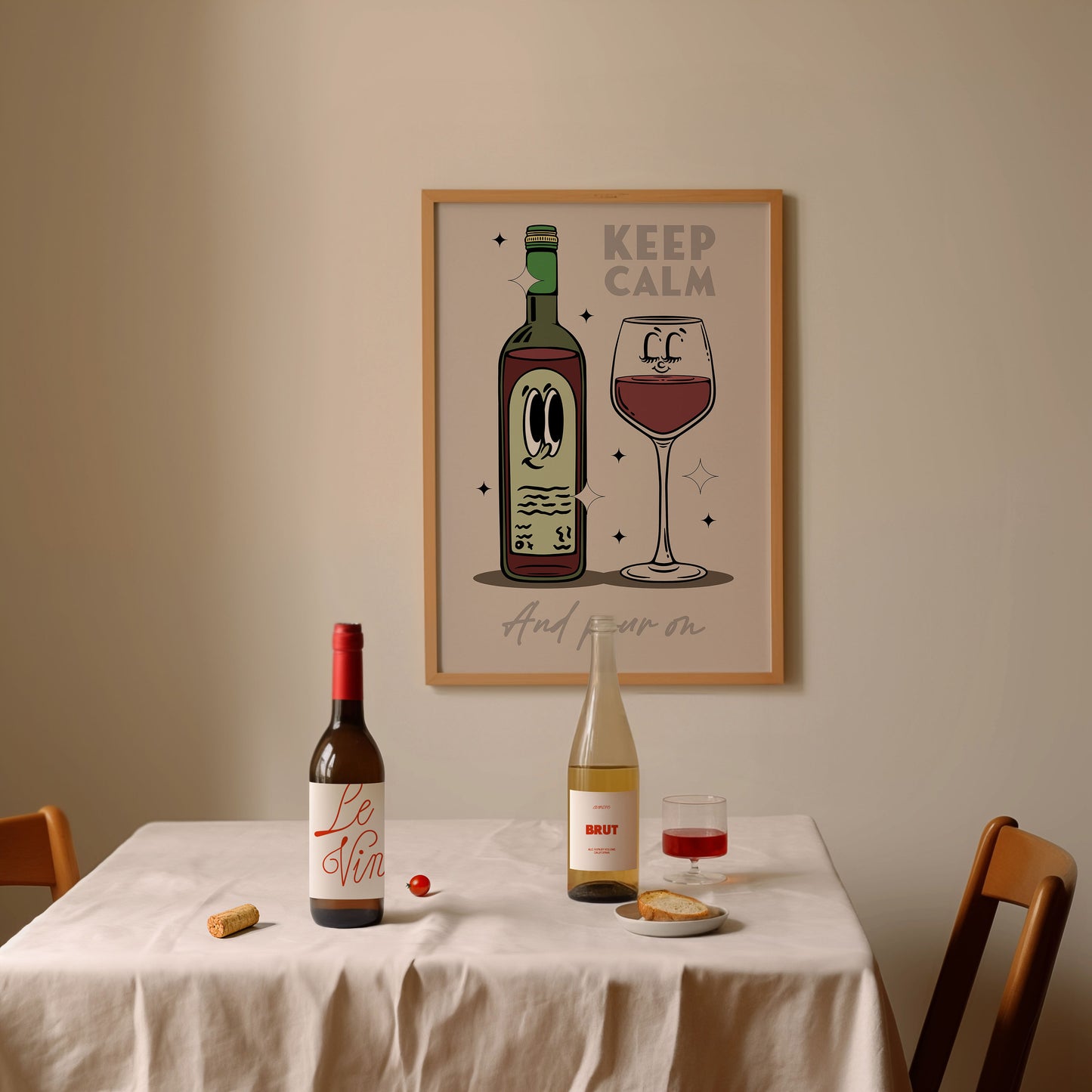 Kitchen Print, Retro Wine Illustration Wall Art, Retro Character Poster, Wine Print Wall Decor, Kitchen Wall Art, Kitchen Wall Decor