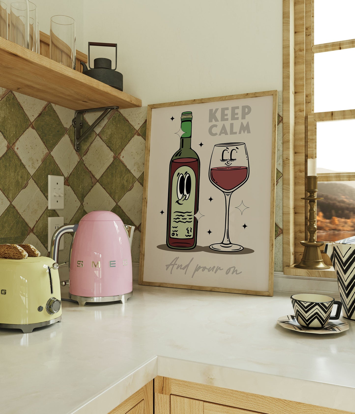 Kitchen Print, Retro Wine Illustration Wall Art, Retro Character Poster, Wine Print Wall Decor, Kitchen Wall Art, Kitchen Wall Decor