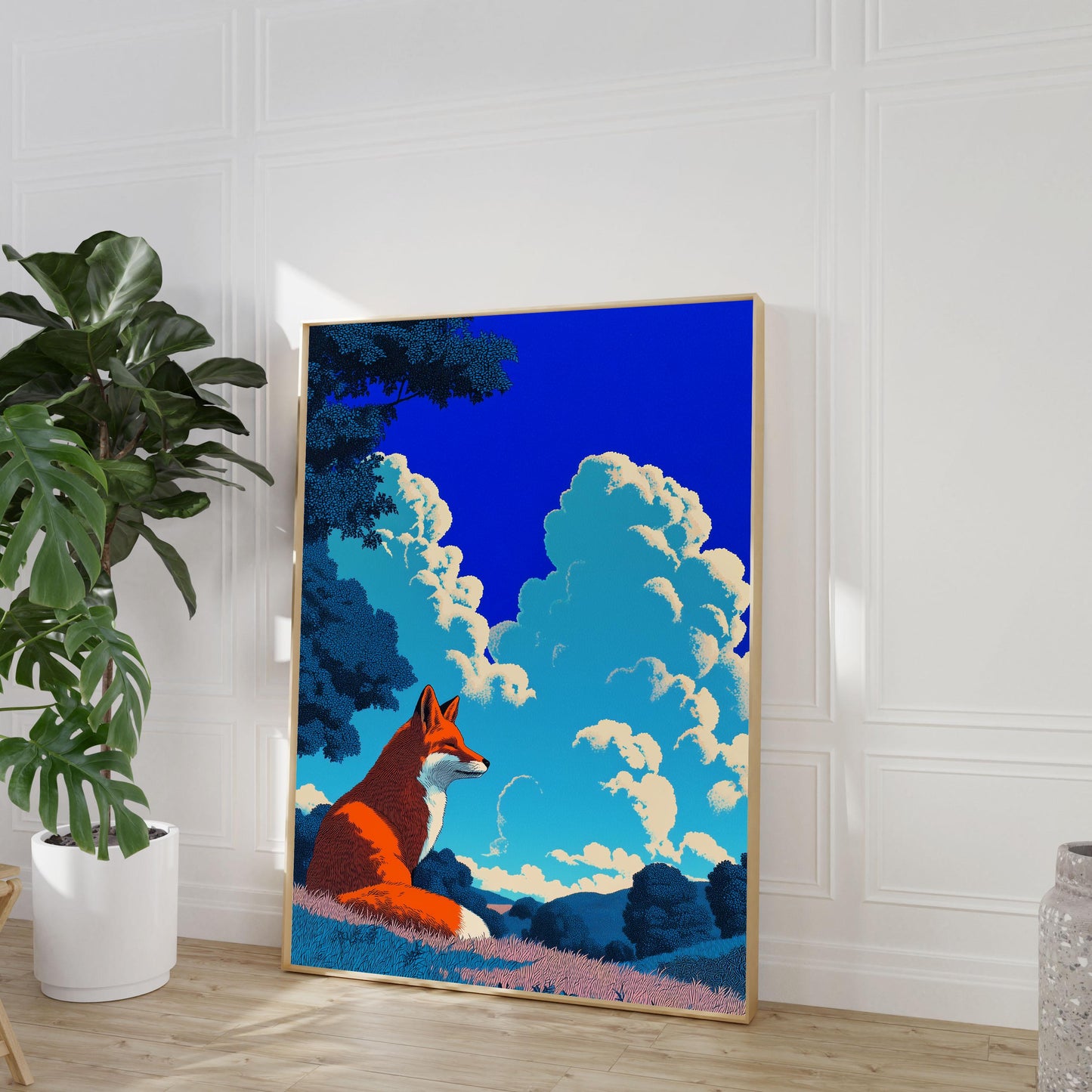 Tranquil Fox in Summer Meadow Art Print, Retro Japanese Landscape Wall Art, Bold Minimalist Nature Poster, Animal Prints, Fox Prints