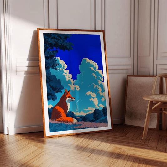 Tranquil Fox in Summer Meadow Art Print, Retro Japanese Landscape Wall Art, Bold Minimalist Nature Poster, Animal Prints, Fox Prints