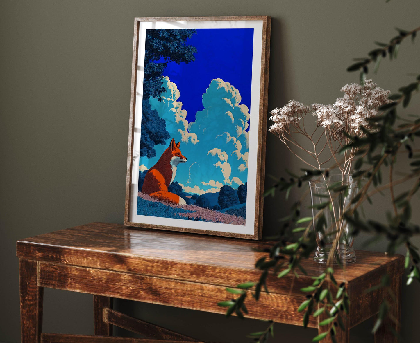 Tranquil Fox in Summer Meadow Art Print, Retro Japanese Landscape Wall Art, Bold Minimalist Nature Poster, Animal Prints, Fox Prints