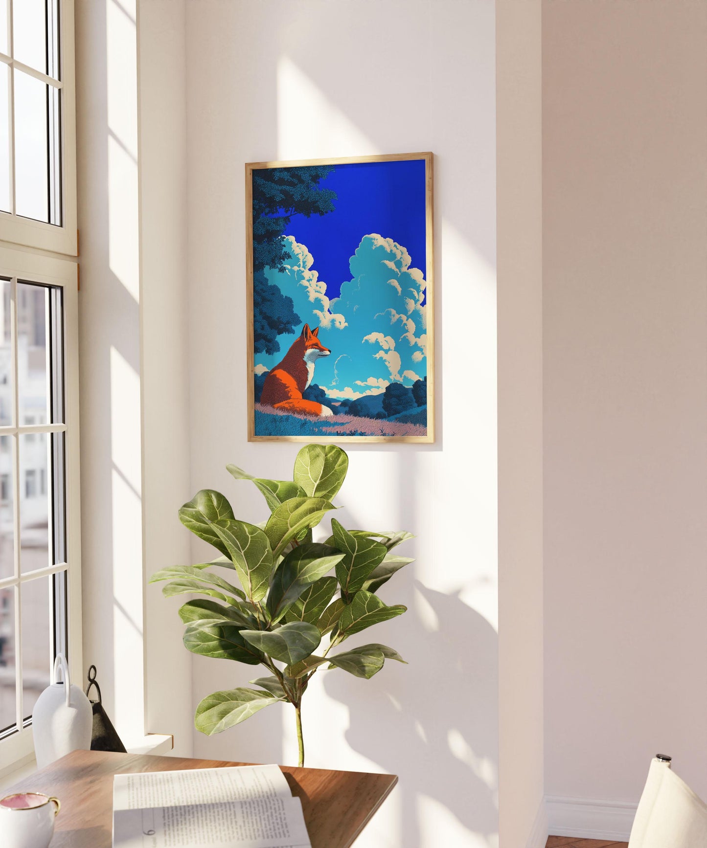 Tranquil Fox in Summer Meadow Art Print, Retro Japanese Landscape Wall Art, Bold Minimalist Nature Poster, Animal Prints, Fox Prints