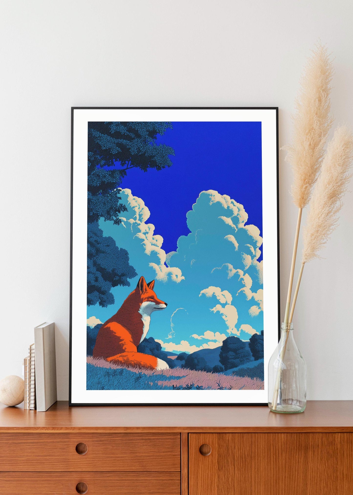 Tranquil Fox in Summer Meadow Art Print, Retro Japanese Landscape Wall Art, Bold Minimalist Nature Poster, Animal Prints, Fox Prints