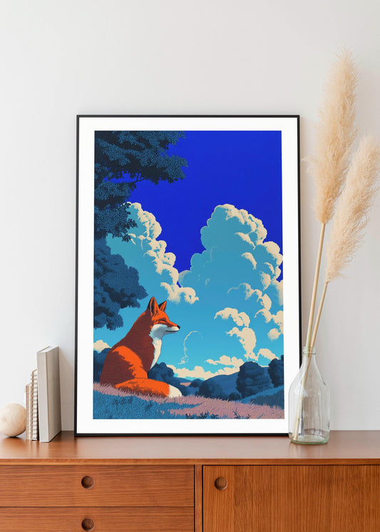Tranquil Fox in Summer Meadow Art Print, Retro Japanese Landscape Wall Art, Bold Minimalist Nature Poster, Animal Prints, Fox Prints
