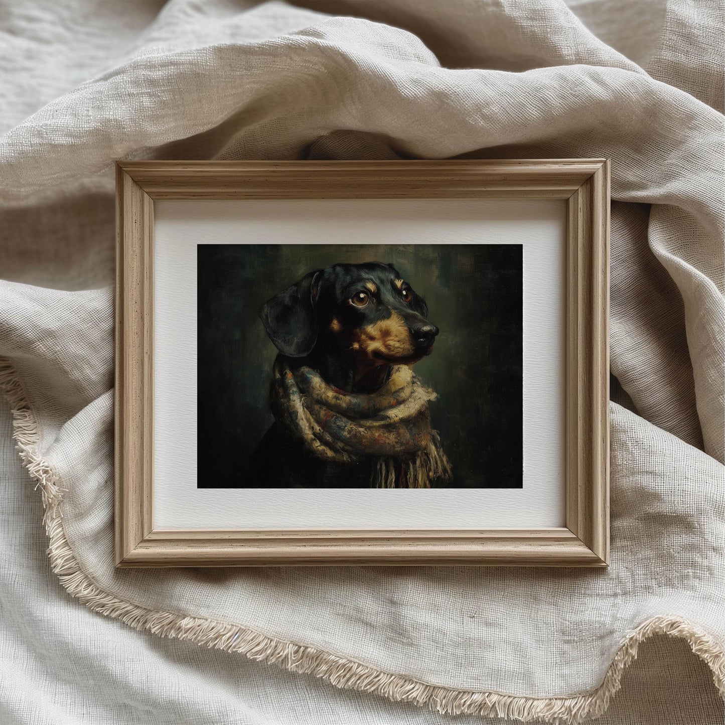 Dachshund Print in Cosy Scarf Oil Painting, Sausage Dog Wall Art, Cute Dog Illustration, Rustic Animal Artwork, Dachshund Prints