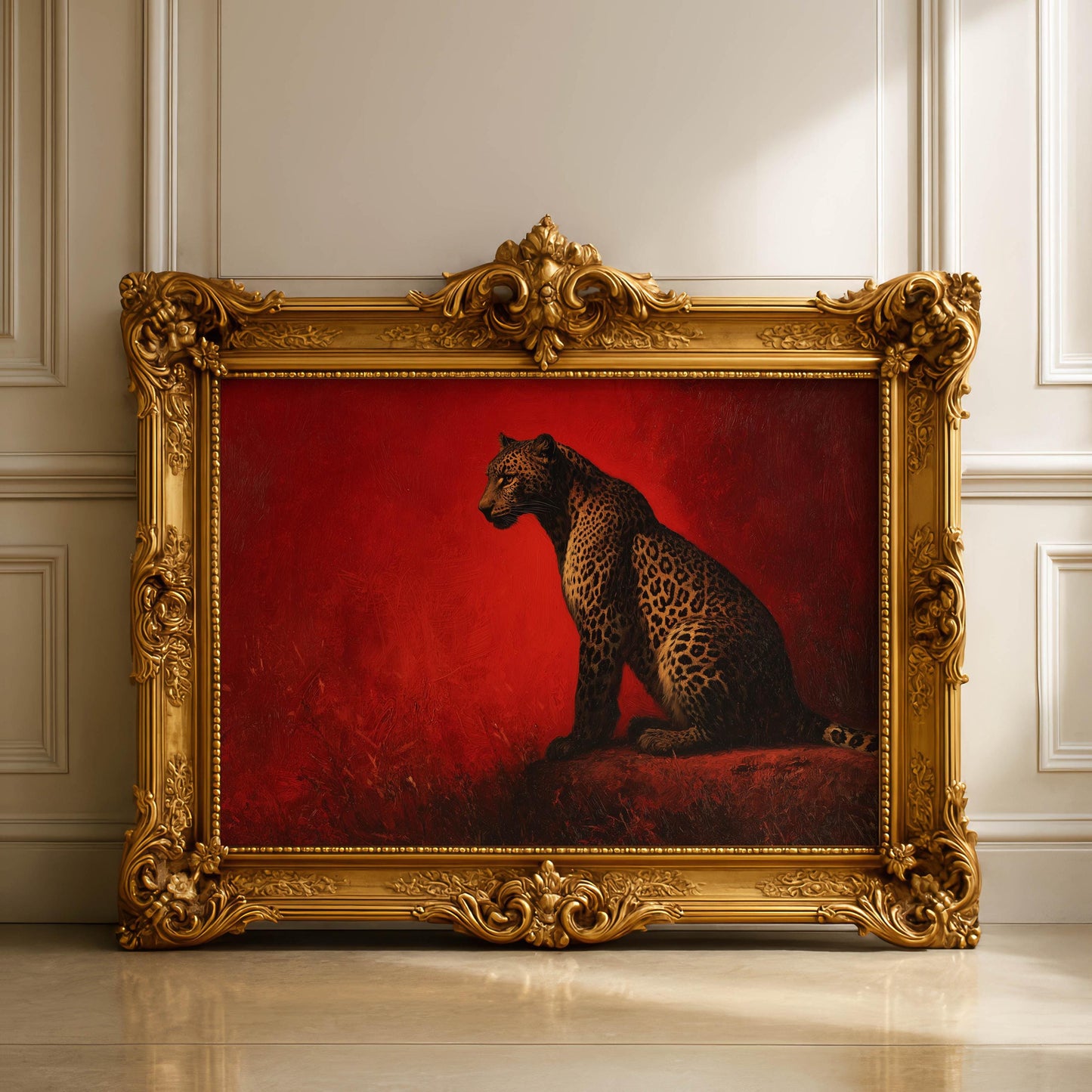 Leopard Oil Painting Print on Red Background, Wild Cat Wall Art, Bold Animal Illustration, Safari Decor, Big Cat Artwork, Old Money Prints