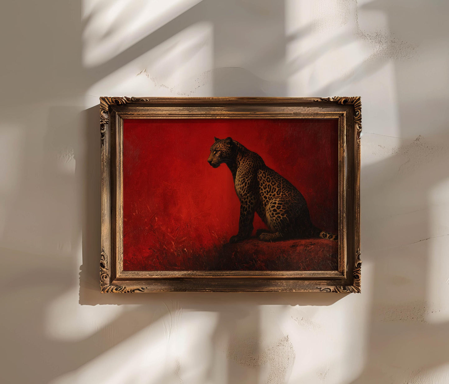 Leopard Oil Painting Print on Red Background, Wild Cat Wall Art, Bold Animal Illustration, Safari Decor, Big Cat Artwork, Old Money Prints