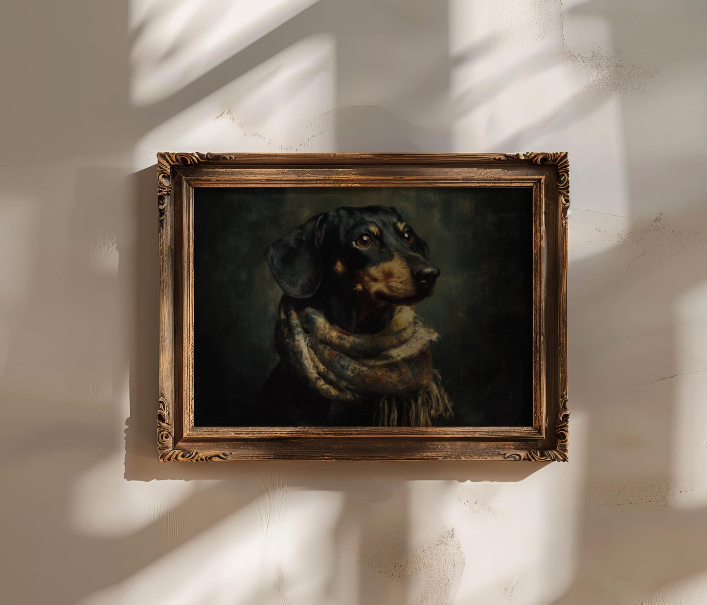 Dachshund Print in Cosy Scarf Oil Painting, Sausage Dog Wall Art, Cute Dog Illustration, Rustic Animal Artwork, Dachshund Prints