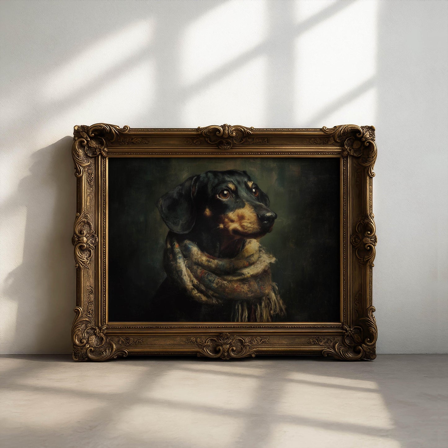 Dachshund Print in Cosy Scarf Oil Painting, Sausage Dog Wall Art, Cute Dog Illustration, Rustic Animal Artwork, Dachshund Prints