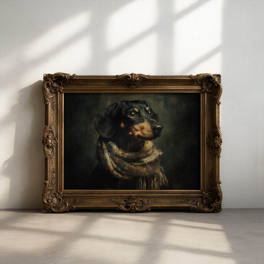 Dachshund Print in Cosy Scarf Oil Painting, Sausage Dog Wall Art, Cute Dog Illustration, Rustic Animal Artwork, Dachshund Prints