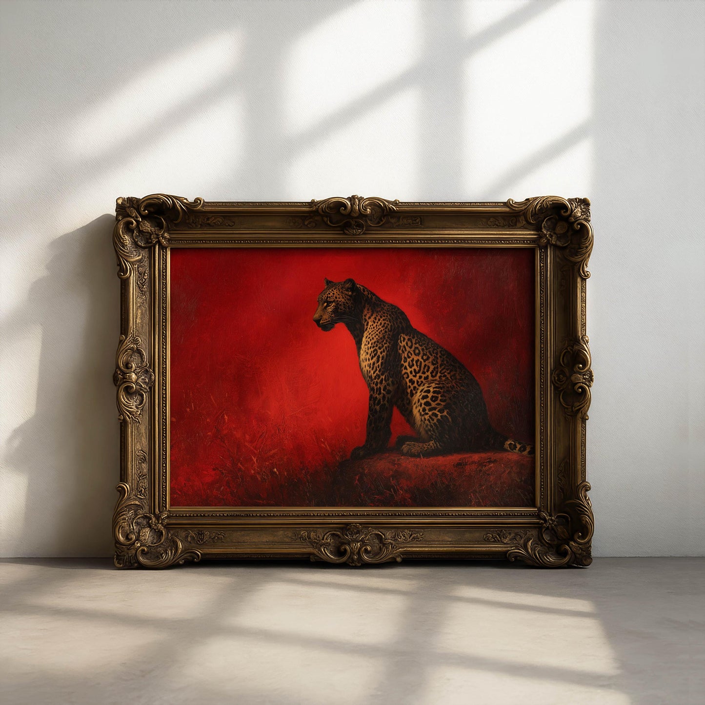 Leopard Oil Painting Print on Red Background, Wild Cat Wall Art, Bold Animal Illustration, Safari Decor, Big Cat Artwork, Old Money Prints
