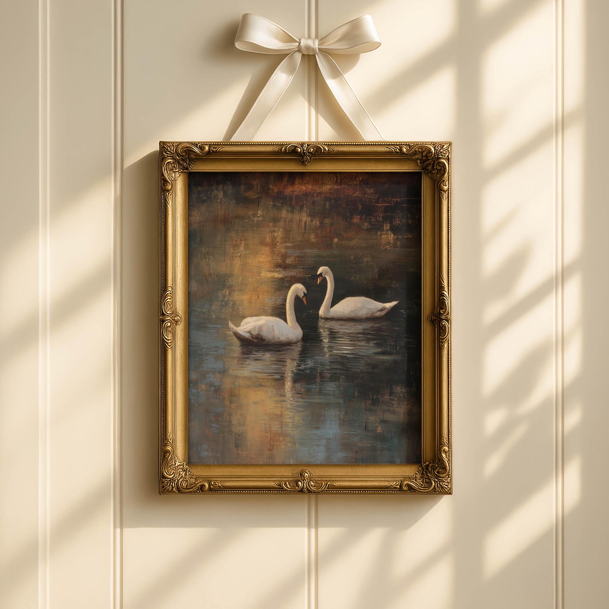 Two Swans on a Lake Oil Painting Print, Romantic Nature Wall Art, Peaceful Water Scene, Bird Illustration, Cottage core Decor, Swan Prints