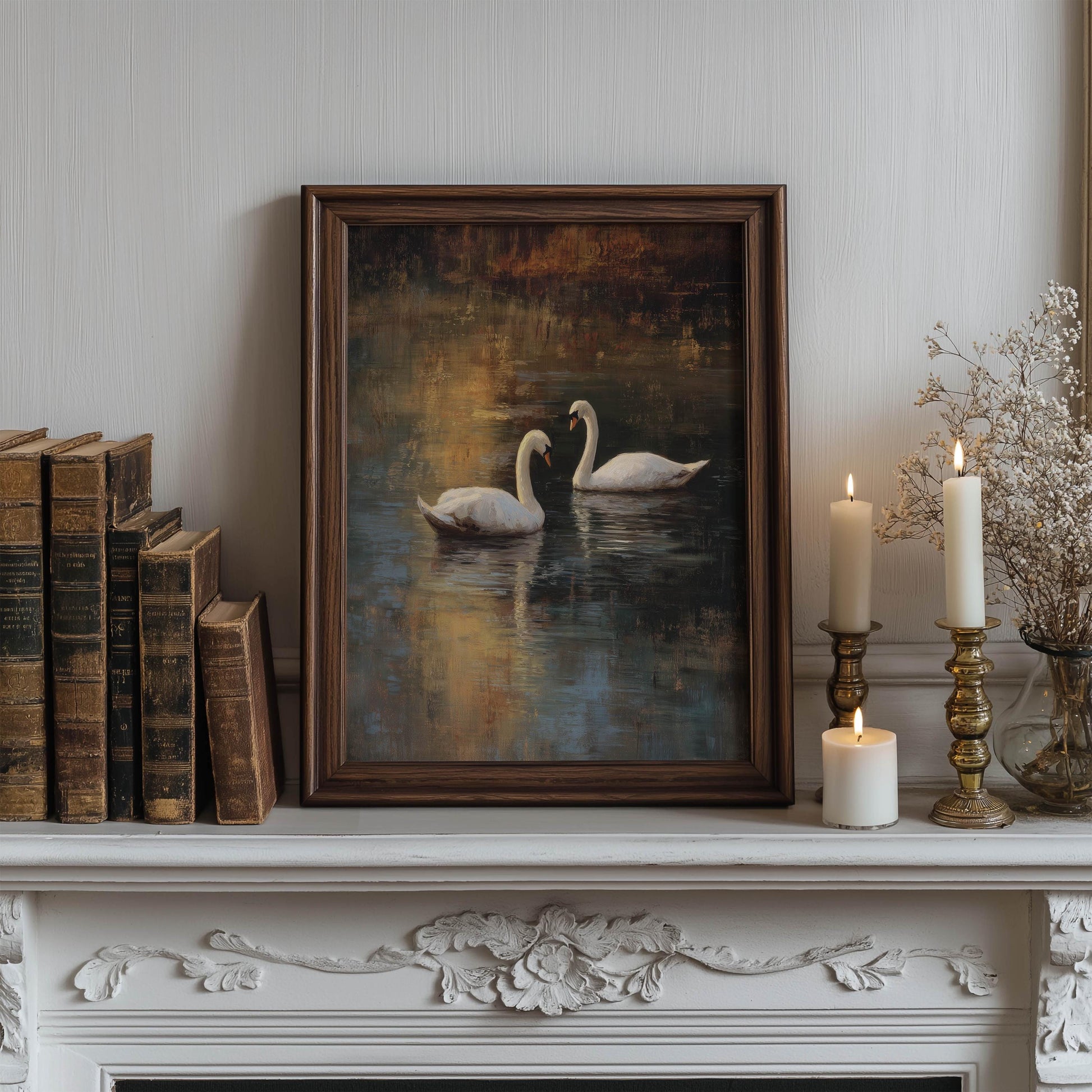 Two Swans on a Lake Oil Painting Print, Romantic Nature Wall Art, Peaceful Water Scene, Bird Illustration, Cottage core Decor, Swan Prints