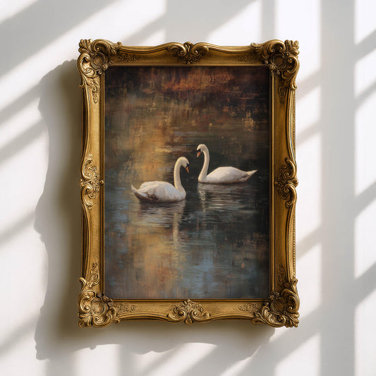 Two Swans on a Lake Oil Painting Print, Romantic Nature Wall Art, Peaceful Water Scene, Bird Illustration, Cottage core Decor, Swan Prints