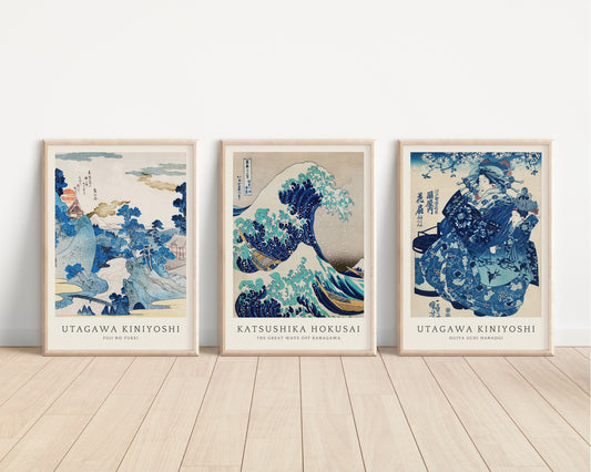 Japanese Prints Set of 3, Woodblock Art, Classic Art, Japanese Wall Art, Gallery Wall Art, Hokusai Prints, Great Wave Print, Kanagawa Print