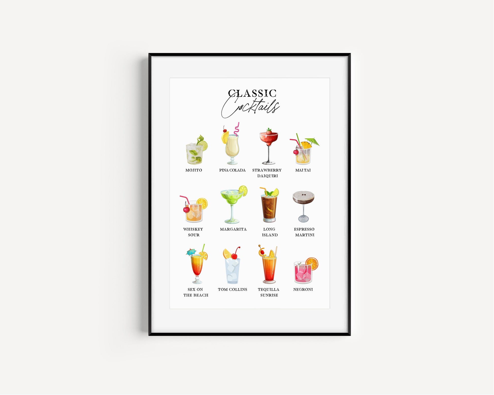 Classic Cocktails Print, Cocktails Poster, Cocktails Art, Cocktail Gifts, Bar Print, Cocktails, Cocktail Selection, Kitchen Art, Dining Room