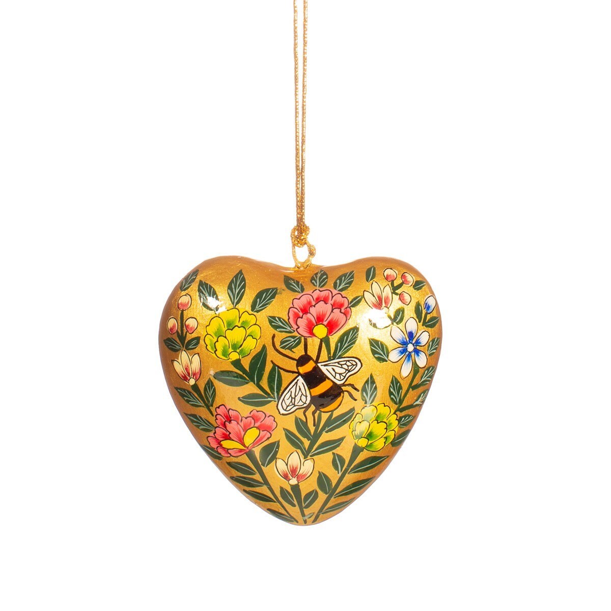 Kashmiri Floral Heart With Bee Papier Mache Hanging Decoration, Handmade Decoration, Handmade Tree Decorations, Christmas Fun, Gold Colours