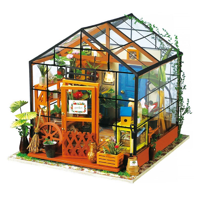 Build Your Own Greenhouse, Doll House DIY Kit, Model Set, Miniature Greenhouse Craft Kit for Adults, Mini Diorama Room with Furniture