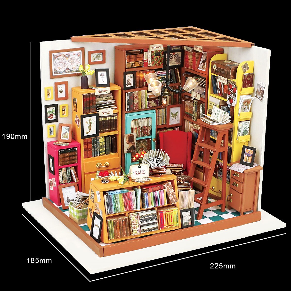 Build Your Own Library, Doll House DIY Kit, Model Set, Miniature Library Craft Kit for Adults, Mini Diorama Room with Furniture