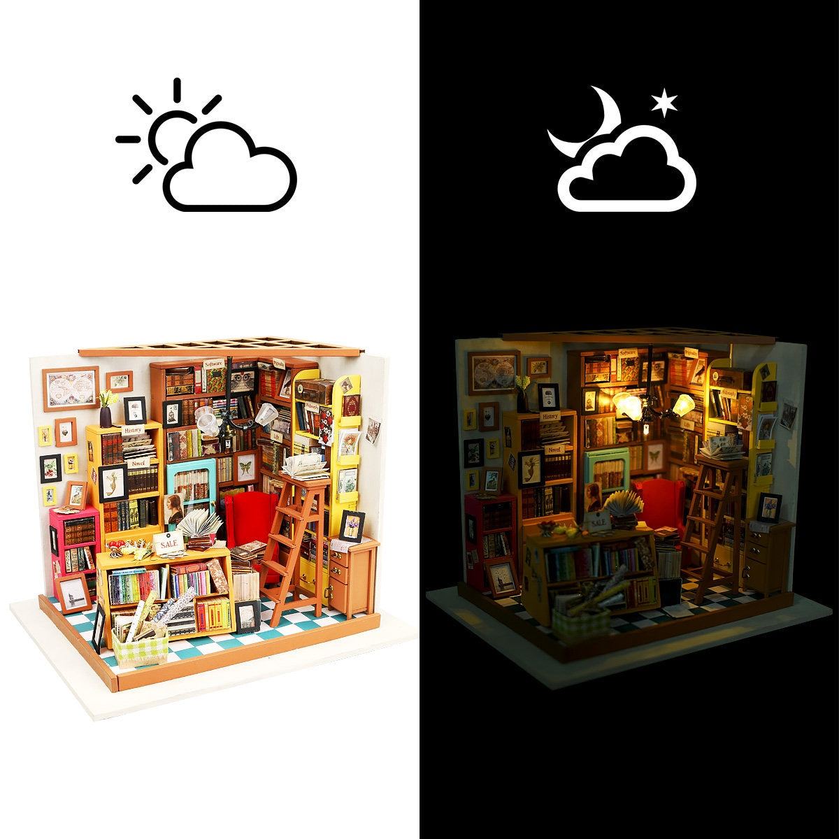 Build Your Own Library, Doll House DIY Kit, Model Set, Miniature Library Craft Kit for Adults, Mini Diorama Room with Furniture