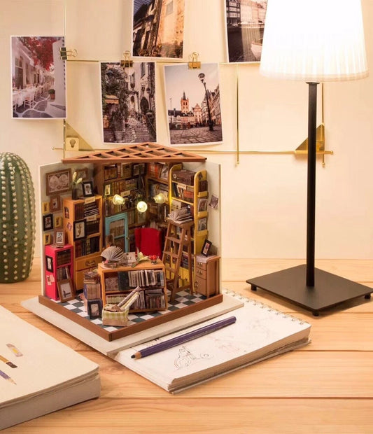 Build Your Own Library, Doll House DIY Kit, Model Set, Miniature Library Craft Kit for Adults, Mini Diorama Room with Furniture