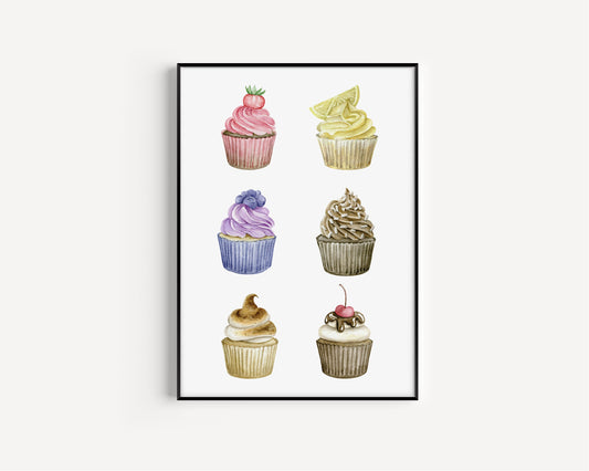 Cupcake Print, Cupcake illustration Print, Watercolour cupcake Print, Food Print, Home Decor, Kitchen Print, Kitchen Decoration, Cupcakes