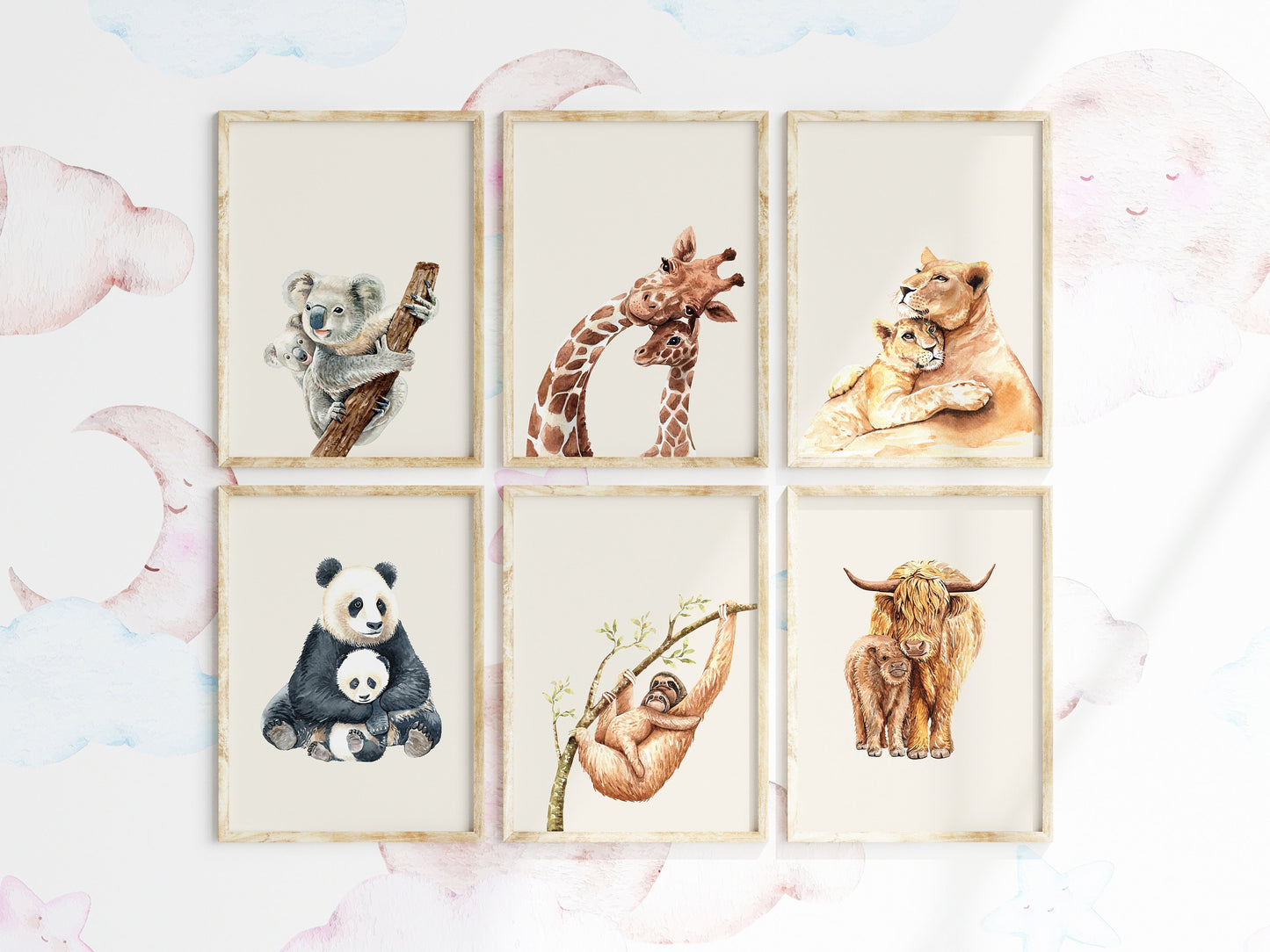 Safari Personalised Prints, Koala Giraffe Panda Baby Girls Set of 2 Nursery Prints, Nursery Decor, Safari Animals Prints, Kids Room Art