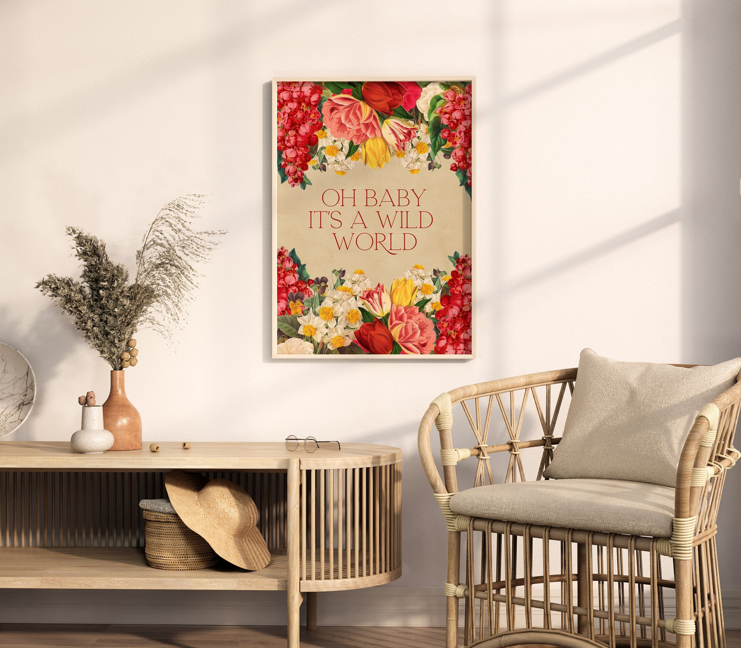 Oh Baby It's A Wild World Print, Floral Prints, Wild Flowers, Floral Decor, Be Wild Quote, Happy Quote, Lyric Prints, Music Inspired Prints
