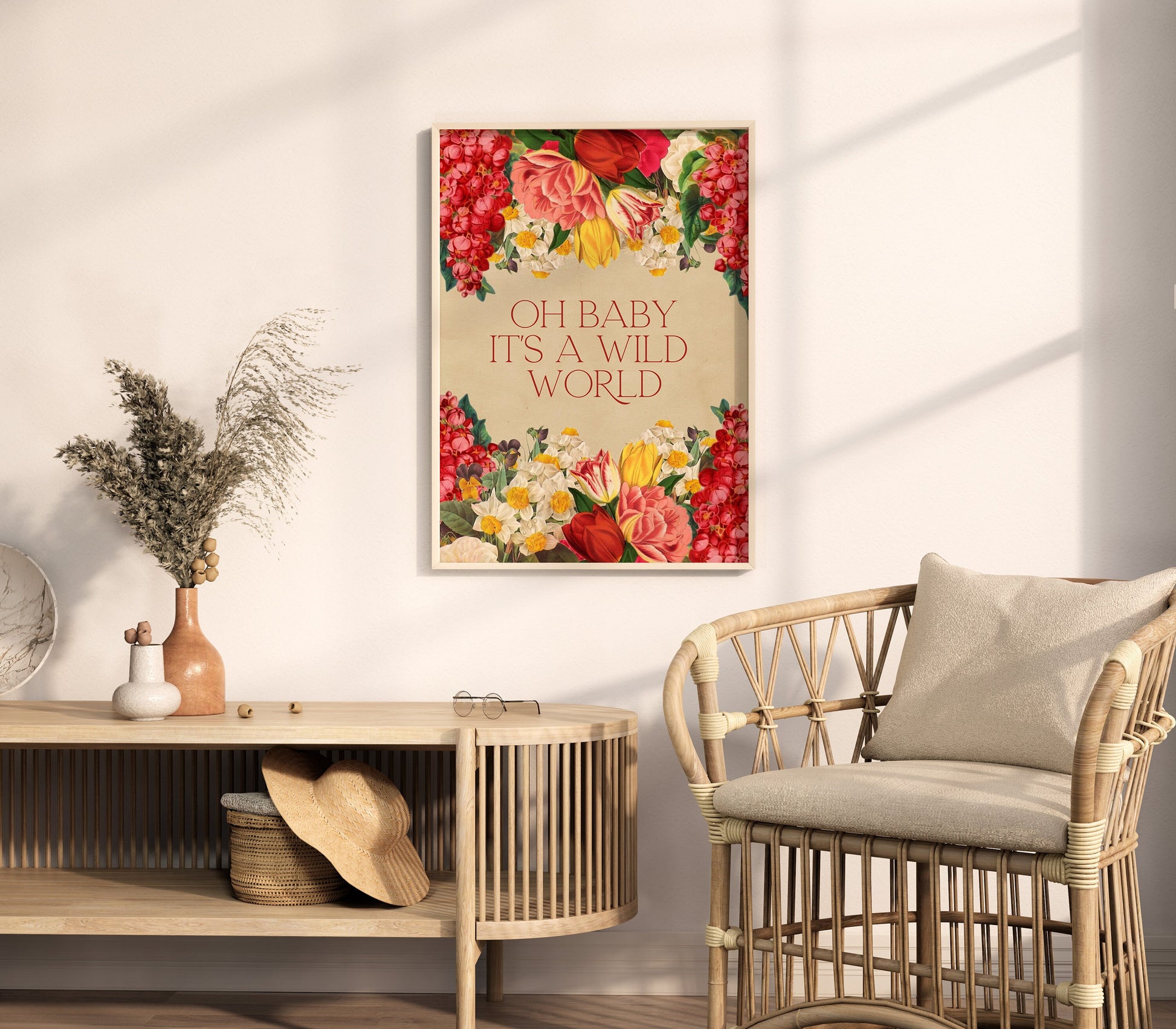 Oh Baby It's A Wild World Print, Floral Prints, Wild Flowers, Floral Decor, Be Wild Quote, Happy Quote, Lyric Prints, Music Inspired Prints