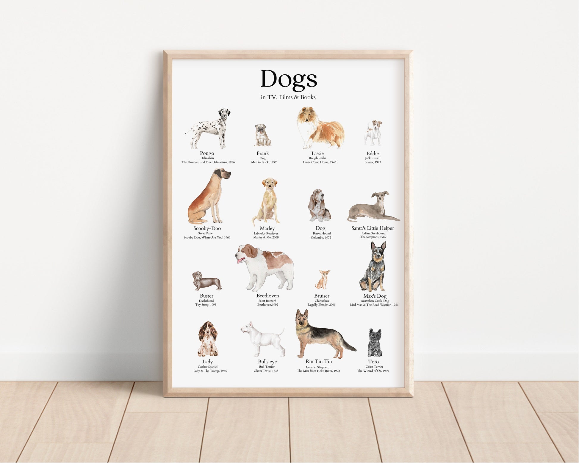Dogs in Film, TV and Books Print, Gift For Dog Lover, Famous dogs Poster, Dog Wall Art Decor, A5/A4/A3 Fine Art Print, Famous Dogs Print,