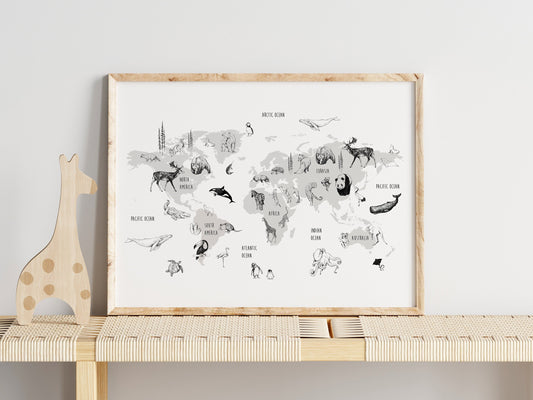 Animal World Map print, Kids Bedroom Print, Education print, World Map Print, Learning resources, Children's Room, Animal Illustrations