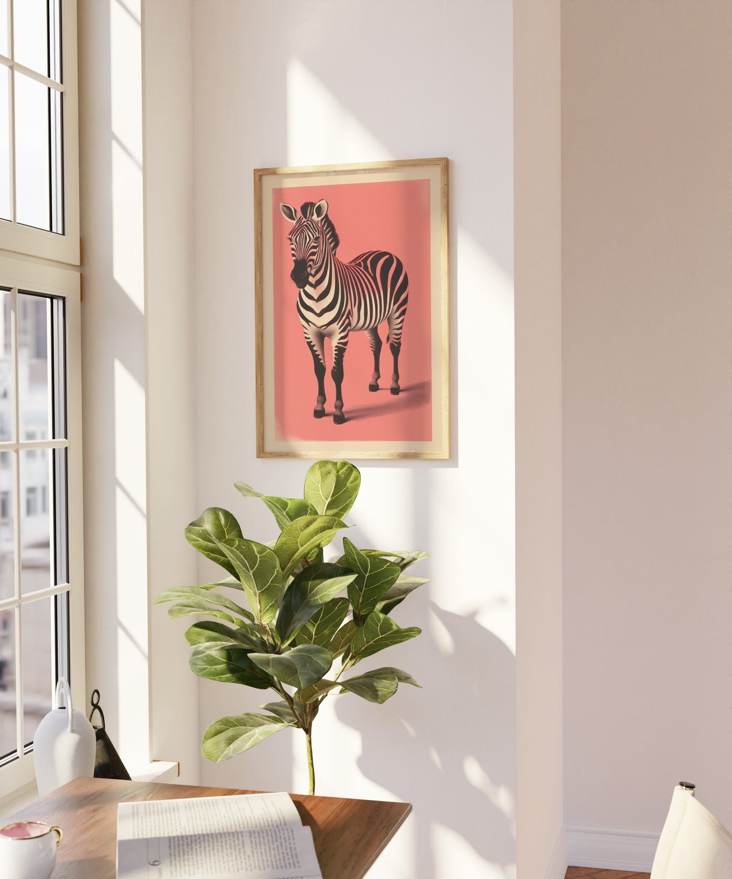 Zebra on Pink Background Print, Maximalist Animal Wall Art, Tropical Boho Safari Zebra Prints, Eclectic Jungle Decor, Zebra Prints