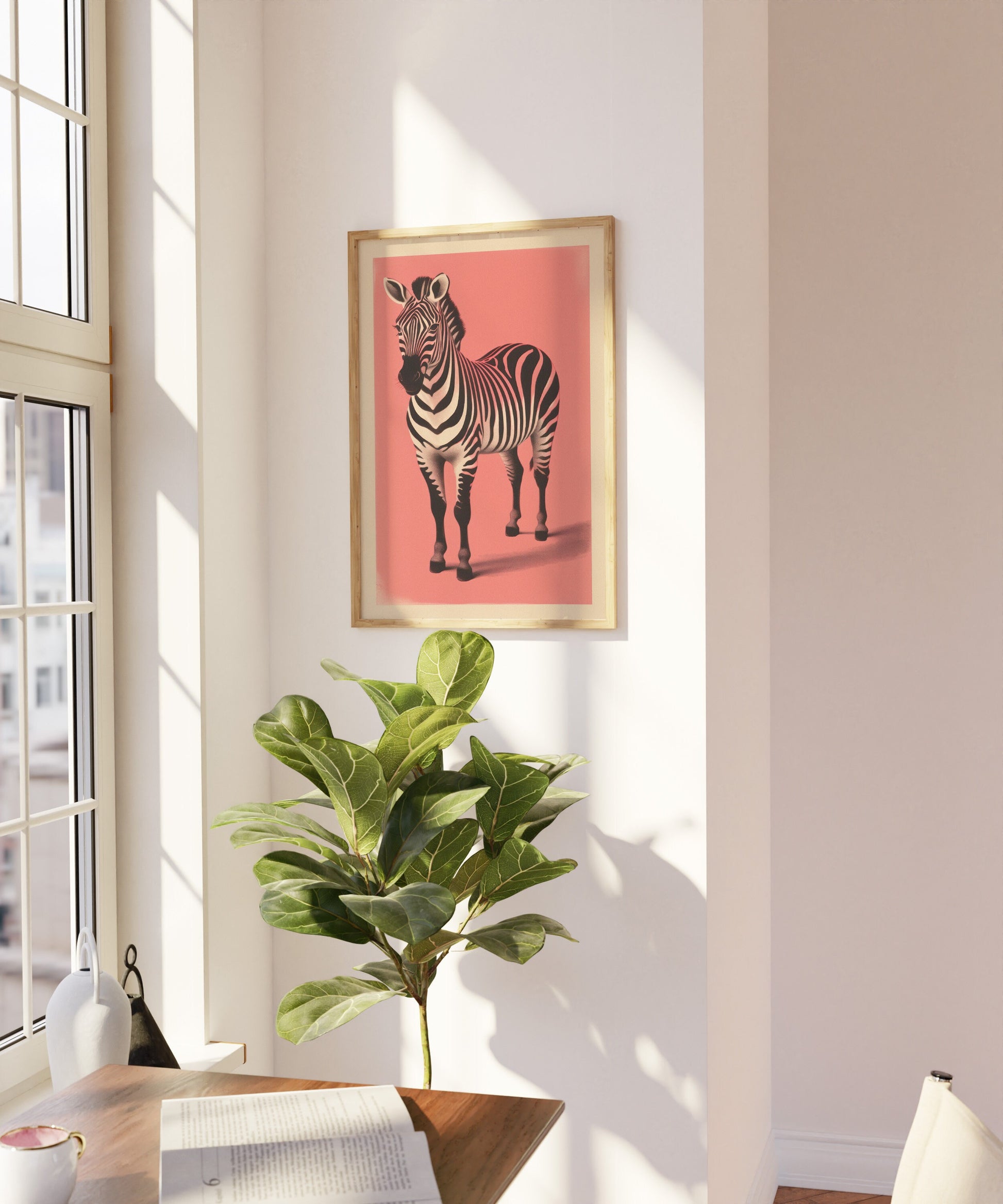 Zebra on Pink Background Print, Maximalist Animal Wall Art, Tropical Boho Safari Zebra Prints, Eclectic Jungle Decor, Zebra Prints