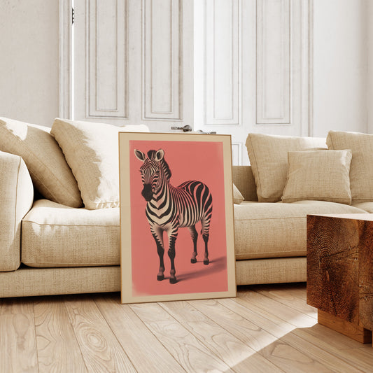 Zebra on Pink Background Print, Maximalist Animal Wall Art, Tropical Boho Safari Zebra Prints, Eclectic Jungle Decor, Zebra Prints
